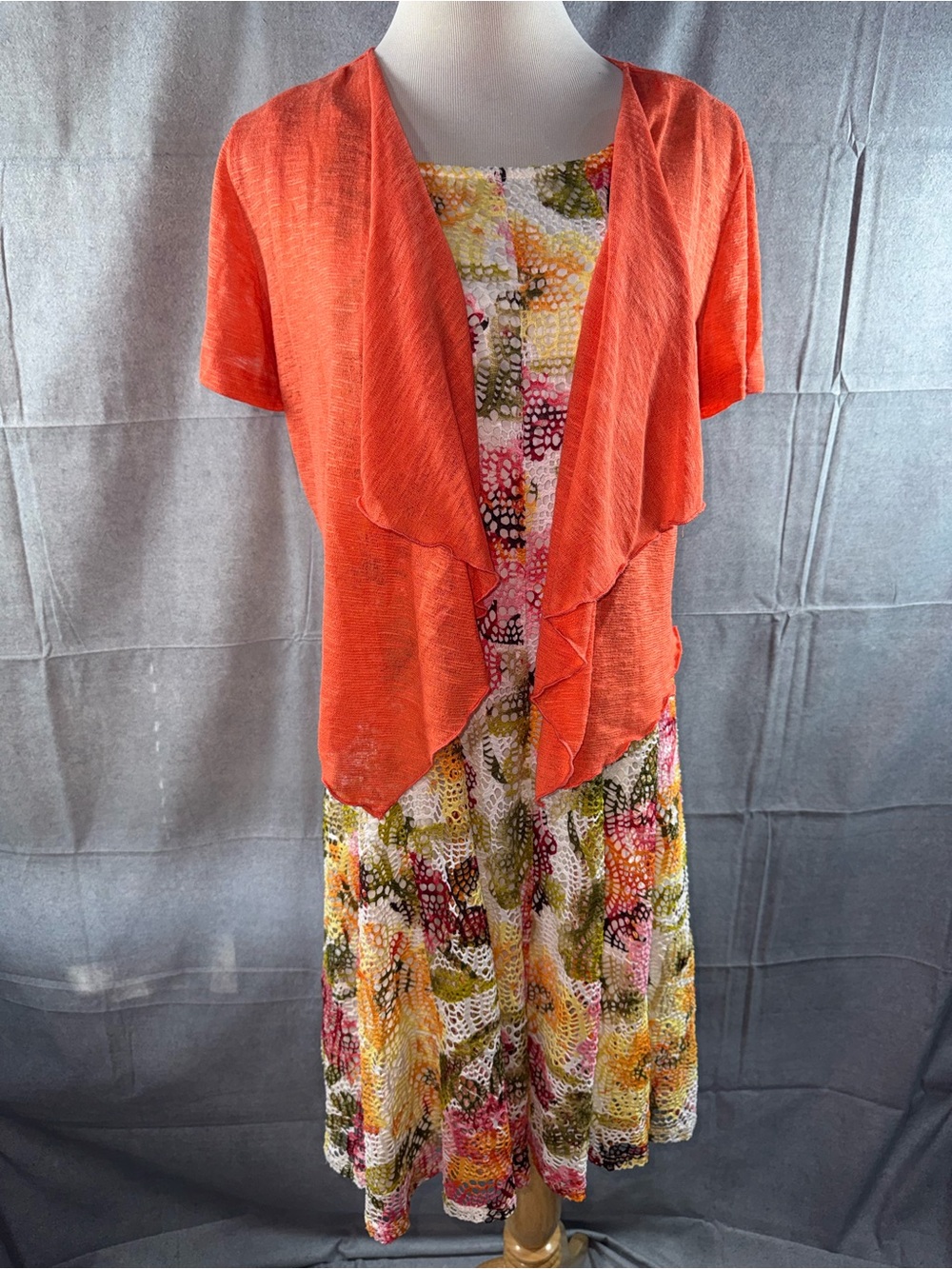 3107-Perceptions Orange Layered Jacket Over Multicolor Floral Dress